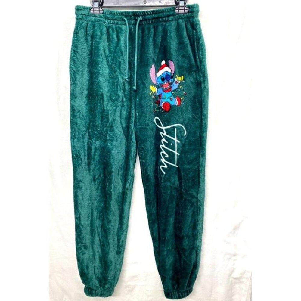 DISNEY STITCH GREEN FLEECE SLEEP PANTS WOMEN MED LOUNGE SANTA POCKETS JOGGERS